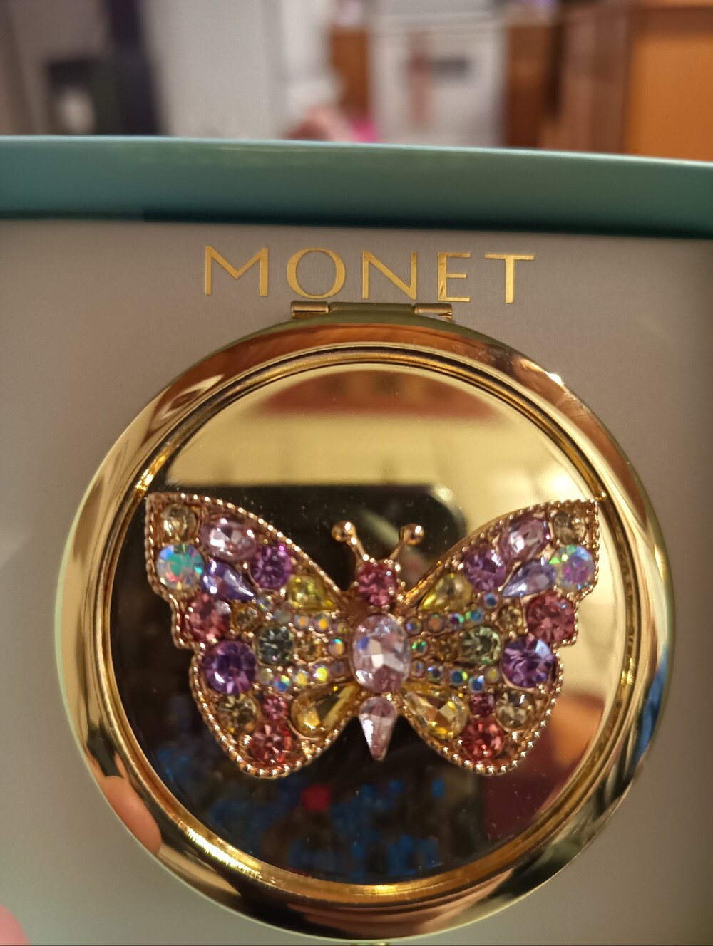 Monet Compact Double-Sided Mirror - Gold Embellished By A Beautiful Butterfly